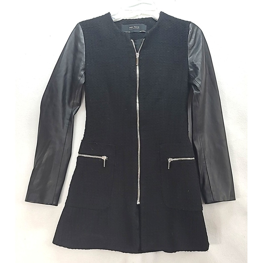 ZARA Womens Small Jacket Black Tweed Faux Leather Zip Front Pockets